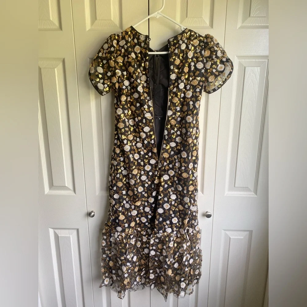 New Self-Portrait Black Sequins Embellished Short Sleeves Belted Mesh Midi Dress - Picture 9 of 14